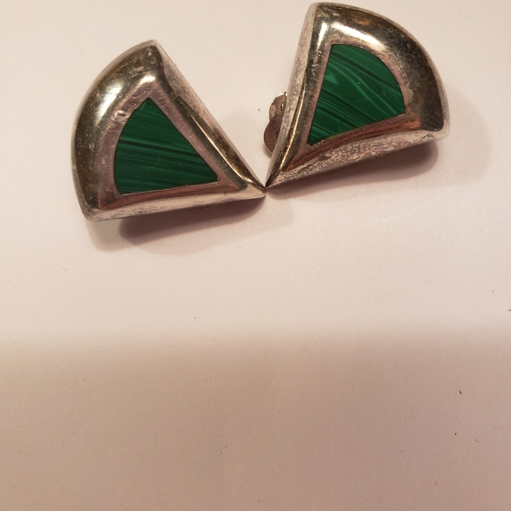 Sterling and malachite clip-on earrings